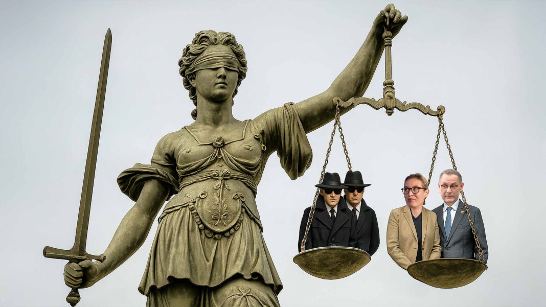Noch ist das Bundesverfassungsgericht nicht mit einem Verbotsantrag gegenüber der AfD befasst. Dabei wäre es vielleicht für alle besser, wenn das Gericht dies prüfen dürfte. Fotomontage: Adrian Kempf