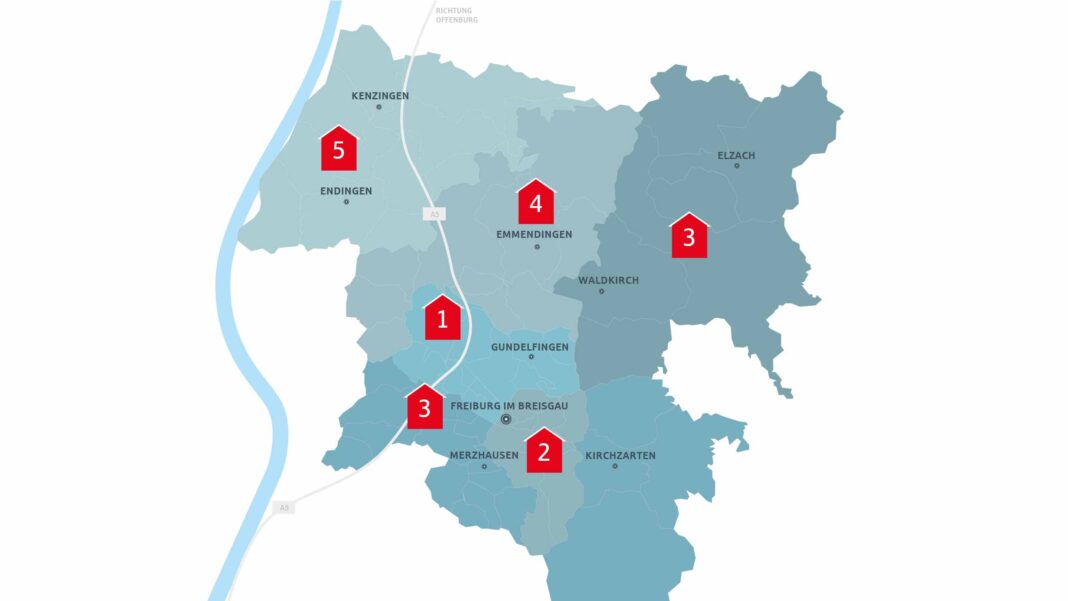 Die Übersichtskarte auf Seite 4 des Wohnmarktberichts 2025 zeigt das gesamte Marktgebiet der Sparkasse Freiburg-Nördlicher Breisgau in seiner geographischen Vielfalt. Neben dem Stadtgebiet Freiburg umfasst sie zahlreiche angrenzende Gemeinden wie Emmendingen, Elzach, Endingen, Kenzingen oder Kirchzarten. Durch die markierte Nord-Süd-Achse der A5 werden infrastrukturelle Bezüge sichtbar, die für den Immobilienmarkt eine zentrale Rolle spielen. Die Karte bietet damit nicht nur eine Orientierung über das Untersuchungsgebiet, sondern spiegelt auch die strukturelle Grundlage der regionalen Preisanalyse wider. Bild: Sparkassen-Immobilien-GmbH